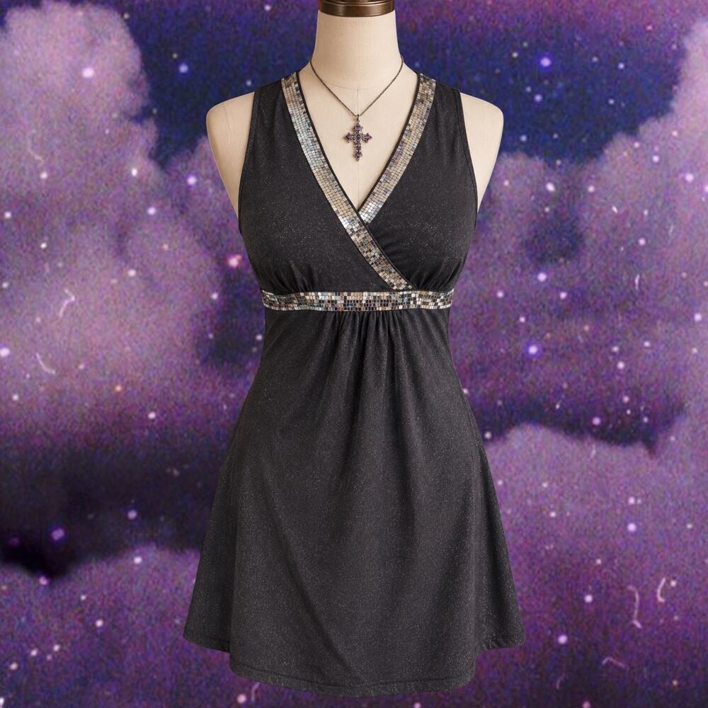 Y2K Goth Glam Black Sparkle Mini Dress Iridescent Sequin Trim Forever 21 M